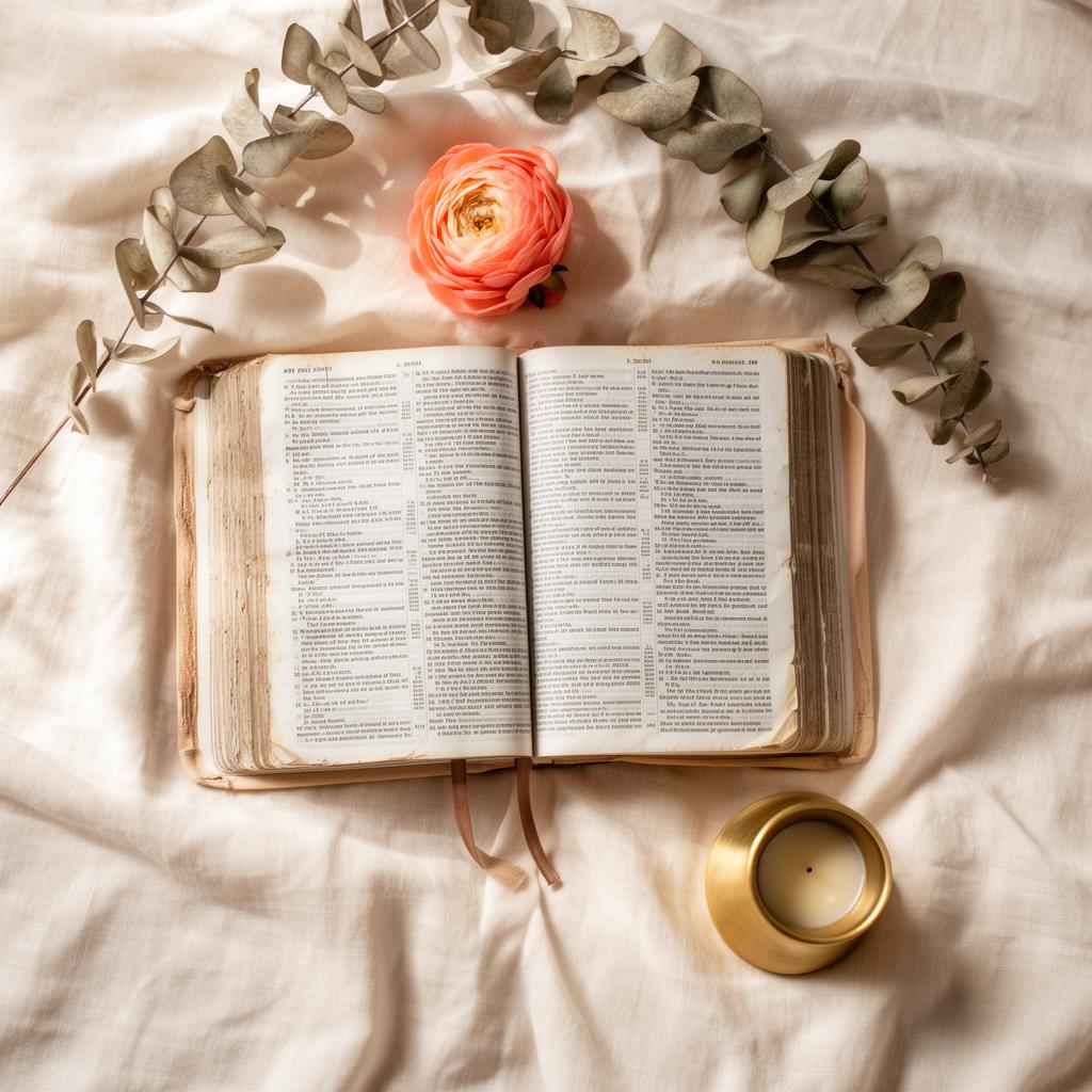 An open Bible surrounded by dried eucalyptus, a coral peony, and a gold candle